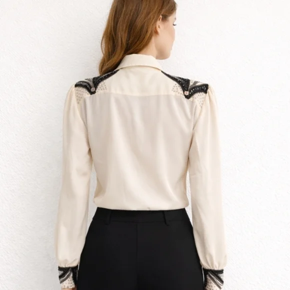 Bianca | Vintage Ivory Black Embellished Frill Blouse - Picture 2 of 8